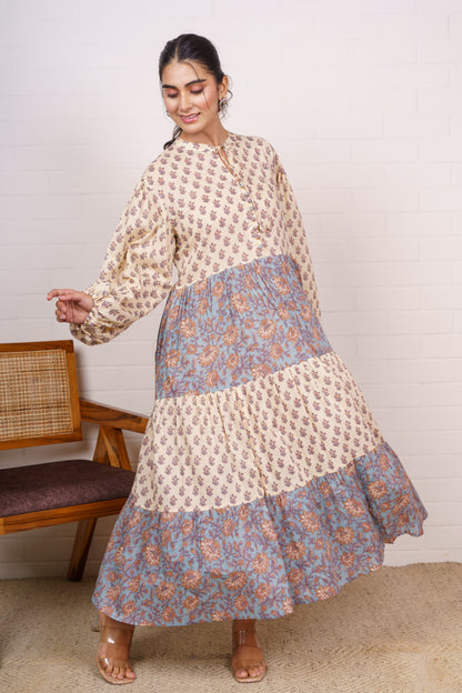 Vintage Block Tiered Maxi Dress-NFD81