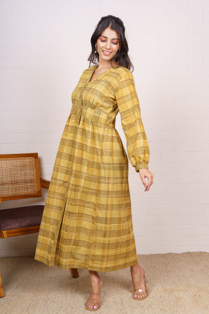 Mustard Checkered Waist Buttons Dress-NFD77