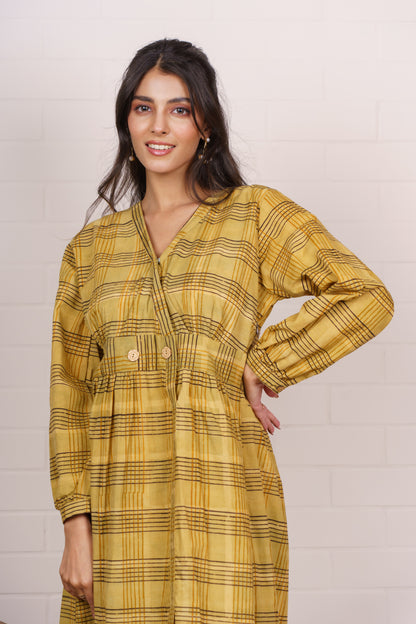 Mustard Checkered Waist Buttons Dress-NFD77