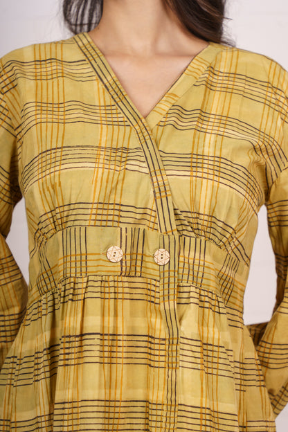 Mustard Checkered Waist Buttons Dress-NFD77