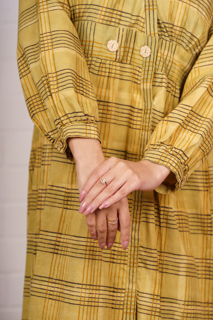 Mustard Checkered Waist Buttons Dress-NFD77