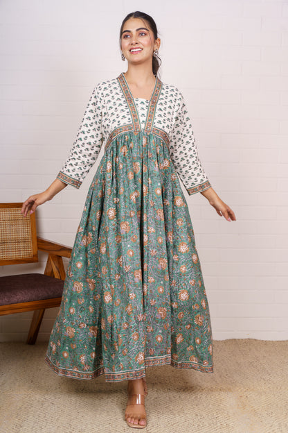 Green Cotton Print Dress-NFD87