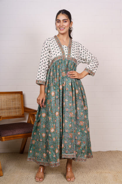 Green Cotton Print Dress-NFD87