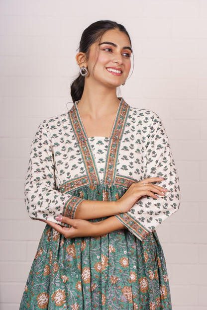Green Cotton Print Dress-NFD87