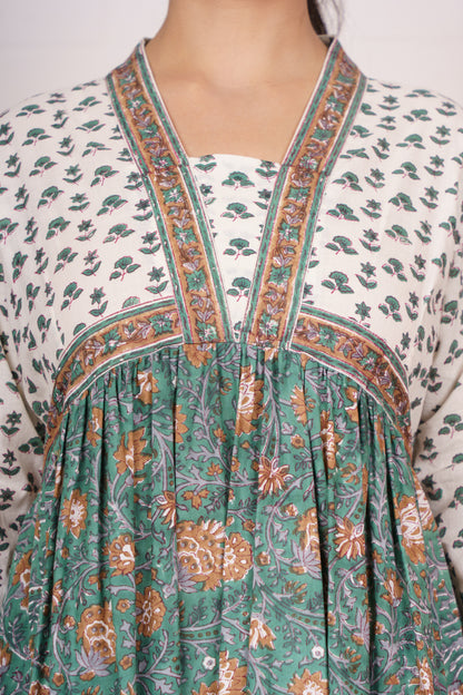 Green Cotton Print Dress-NFD87