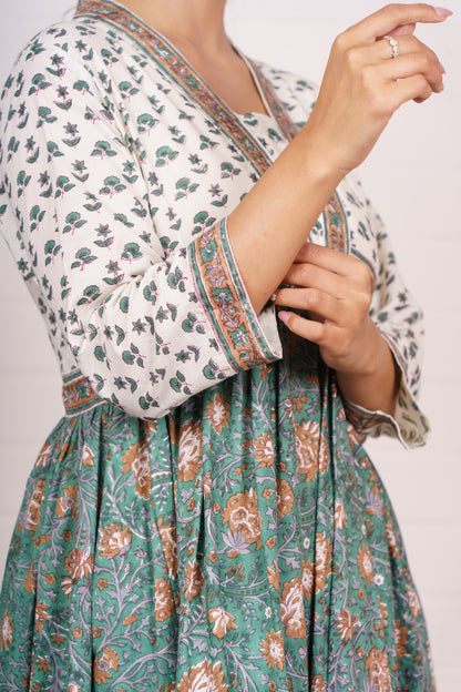 Green Cotton Print Dress-NFD87
