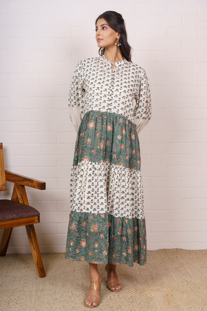 Floral Green & Ivory Tiered Maxi Dress-NFD82