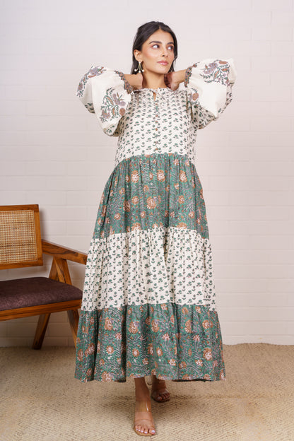 Floral Green & Ivory Tiered Maxi Dress-NFD82