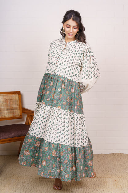 Floral Green & Ivory Tiered Maxi Dress-NFD82