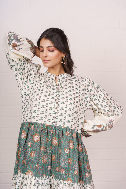Floral Green & Ivory Tiered Maxi Dress-NFD82