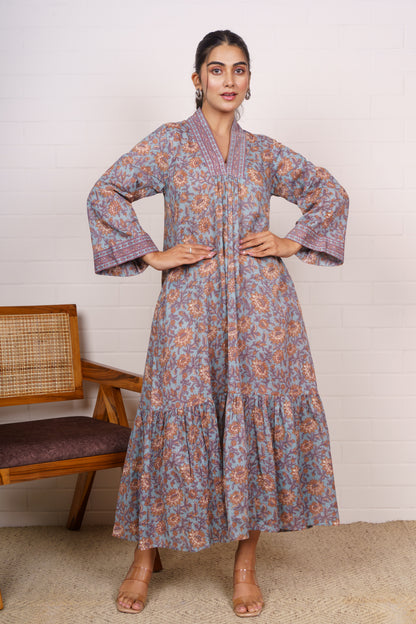 Vintage Floral V-Neck Maxi Dress-NFD79