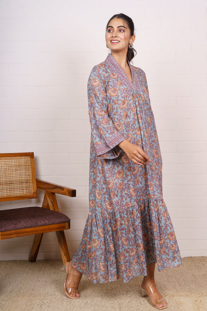 Vintage Floral V-Neck Maxi Dress-NFD79