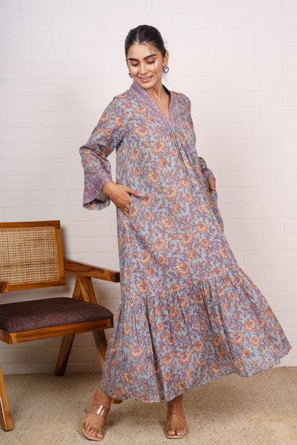 Vintage Floral V-Neck Maxi Dress-NFD79
