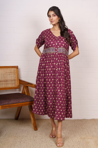 Boho Maroon Cotton Gather Dress-NFD80