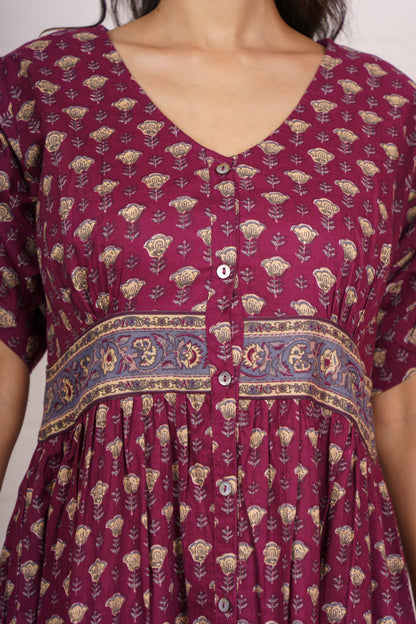 Boho Maroon Cotton Gather Dress-NFD80