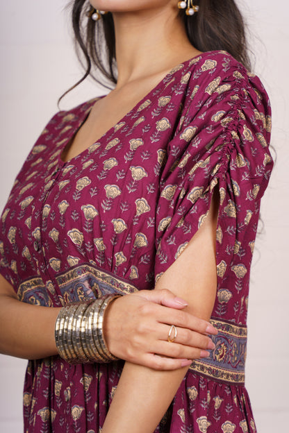 Boho Maroon Cotton Gather Dress-NFD80