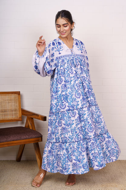 Blue Floral Hand Block Tiered Dress-NFD83