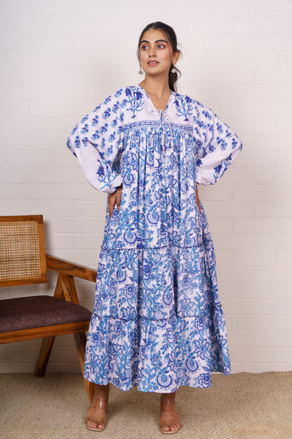 Blue Floral Hand Block Tiered Dress-NFD83