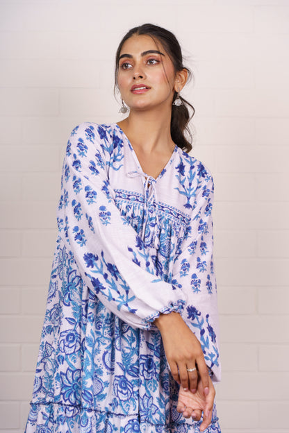 Blue Floral Hand Block Tiered Dress-NFD83