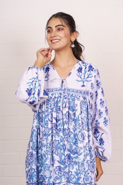 Blue Floral Hand Block Tiered Dress-NFD83
