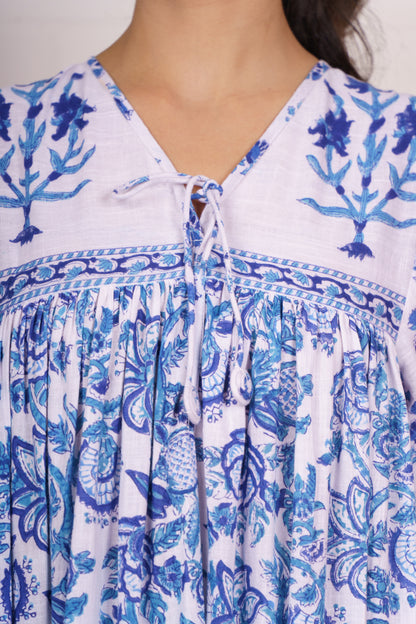 Blue Floral Hand Block Tiered Dress-NFD83
