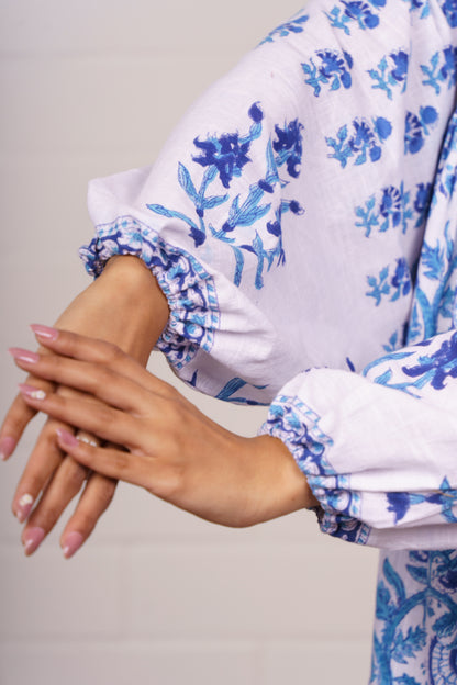 Blue Floral Hand Block Tiered Dress-NFD83