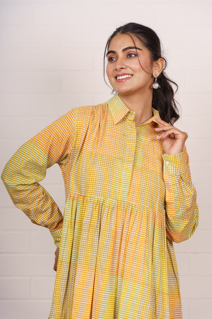Yellow Gingham Tiered Shirt Dress-NFD84