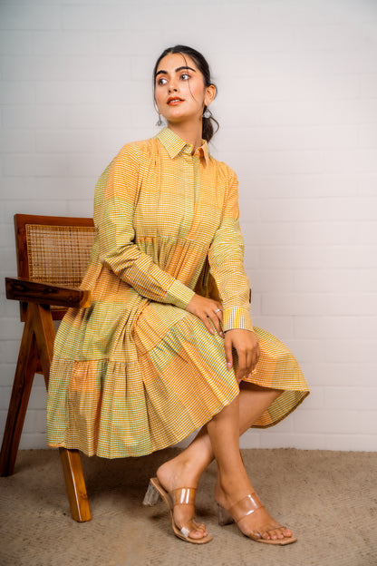 Yellow Gingham Tiered Shirt Dress-NFD84
