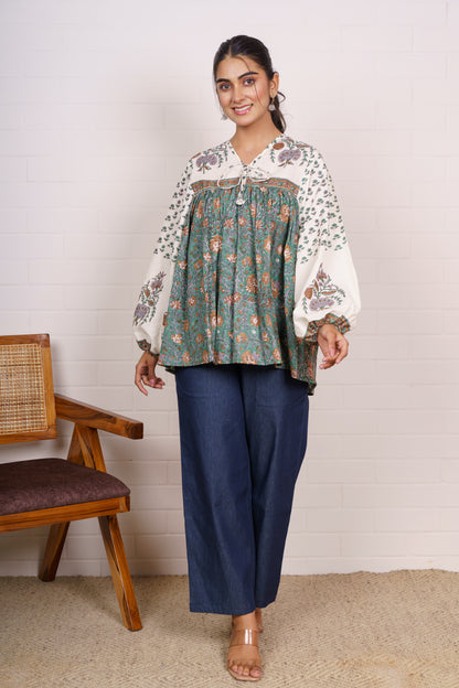 Green Beige Block Printed Top-NFT146