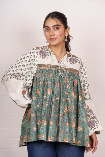 Green Beige Block Printed Top-NFT146