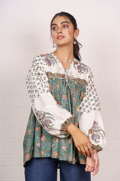 Green Beige Block Printed Top-NFT146