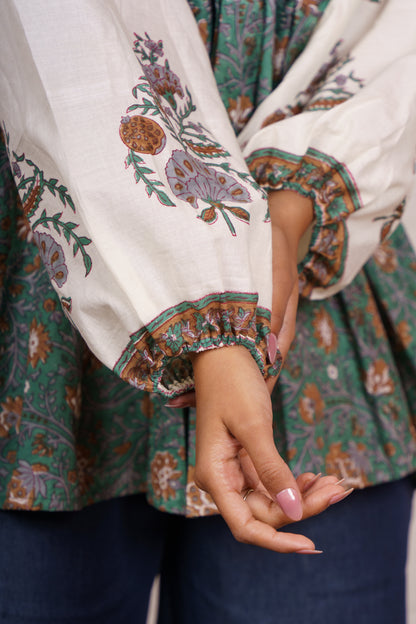 Green Beige Block Printed Top-NFT146