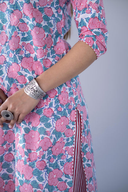 PINK FLORAL BLOCK PRINTED KURTA -NVKS764