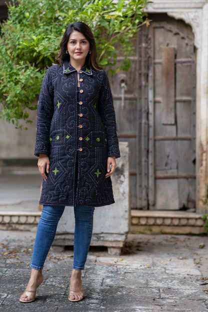 Black Kantha Quilted Coat-NVQJ559