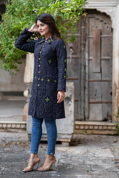 Black Kantha Quilted Coat-NVQJ559