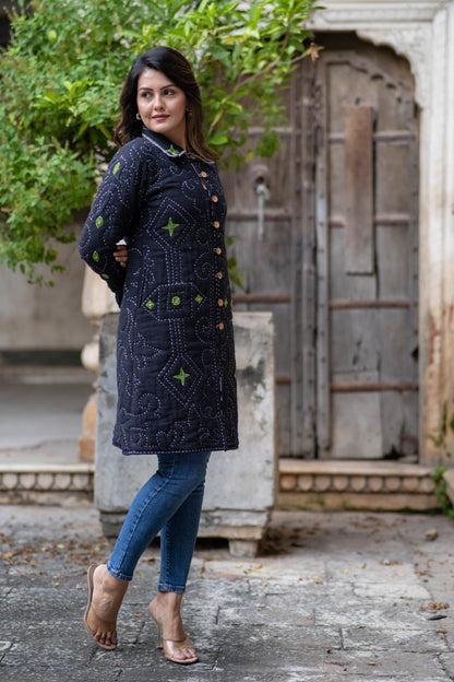 Black Kantha Quilted Coat-NVQJ559