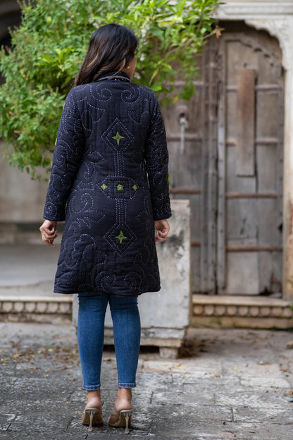Black Kantha Quilted Coat-NVQJ559