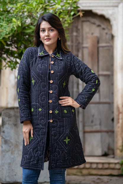 Black Kantha Quilted Coat-NVQJ559