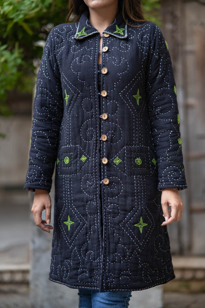 Black Kantha Quilted Coat-NVQJ559