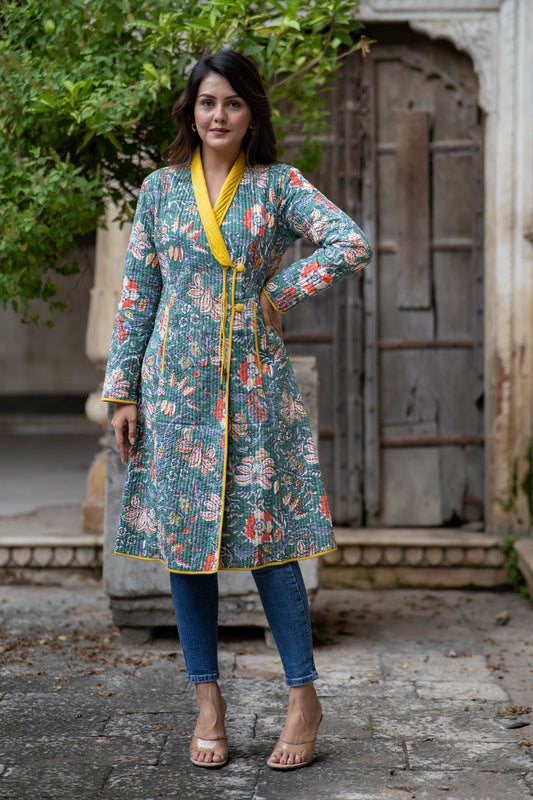 Green Block Printed Bukhara Coat-NVQJ561