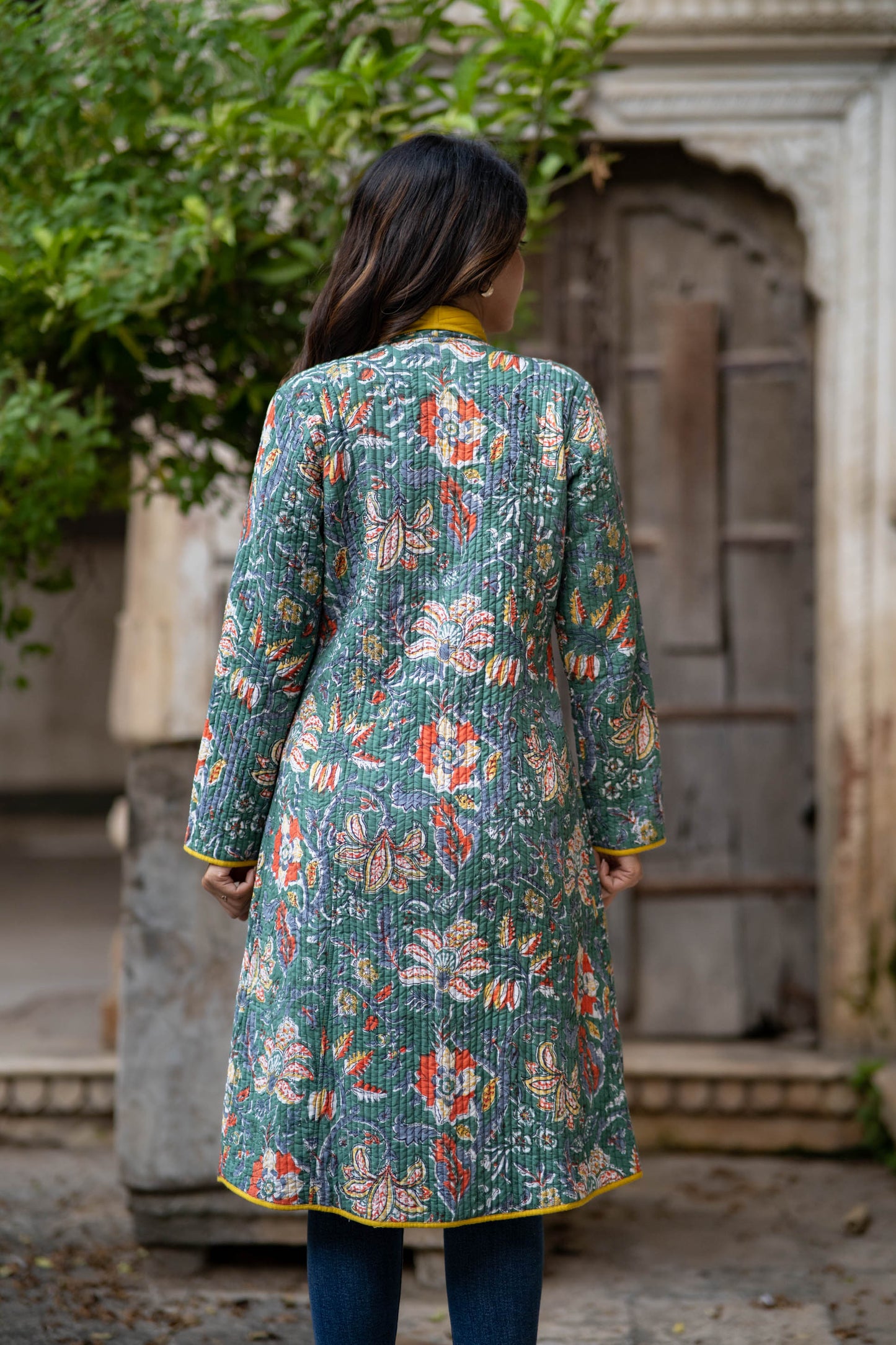 Green Block Printed Bukhara Coat-NVQJ561