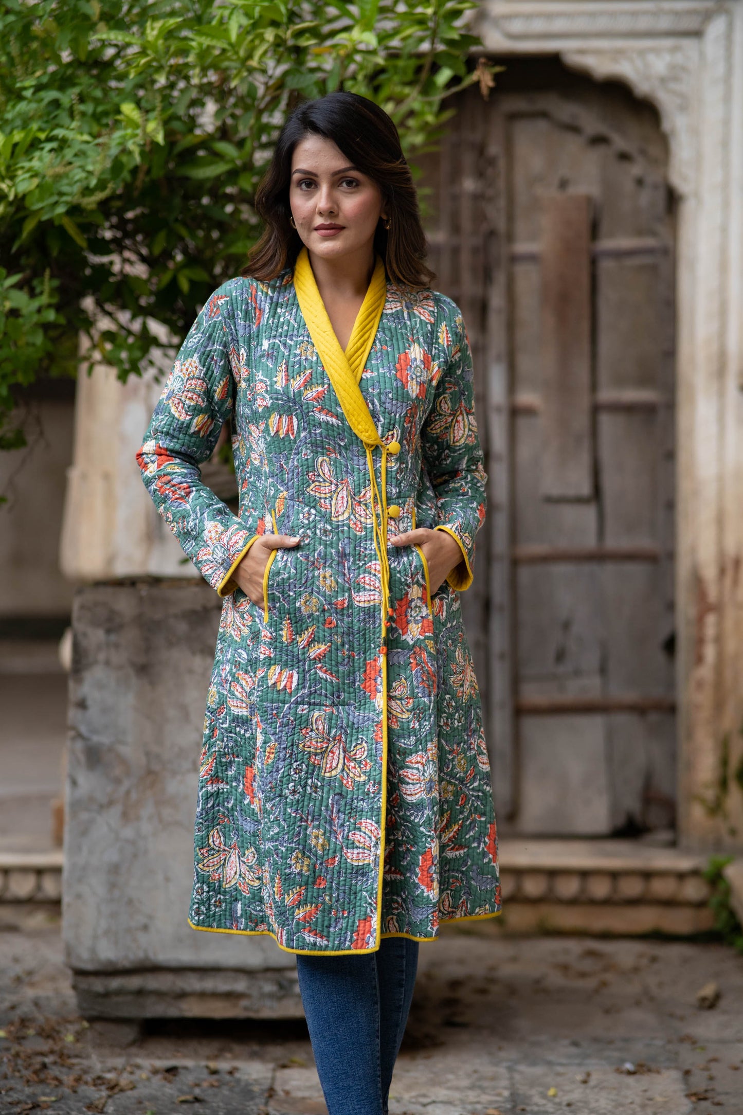 Green Block Printed Bukhara Coat-NVQJ561