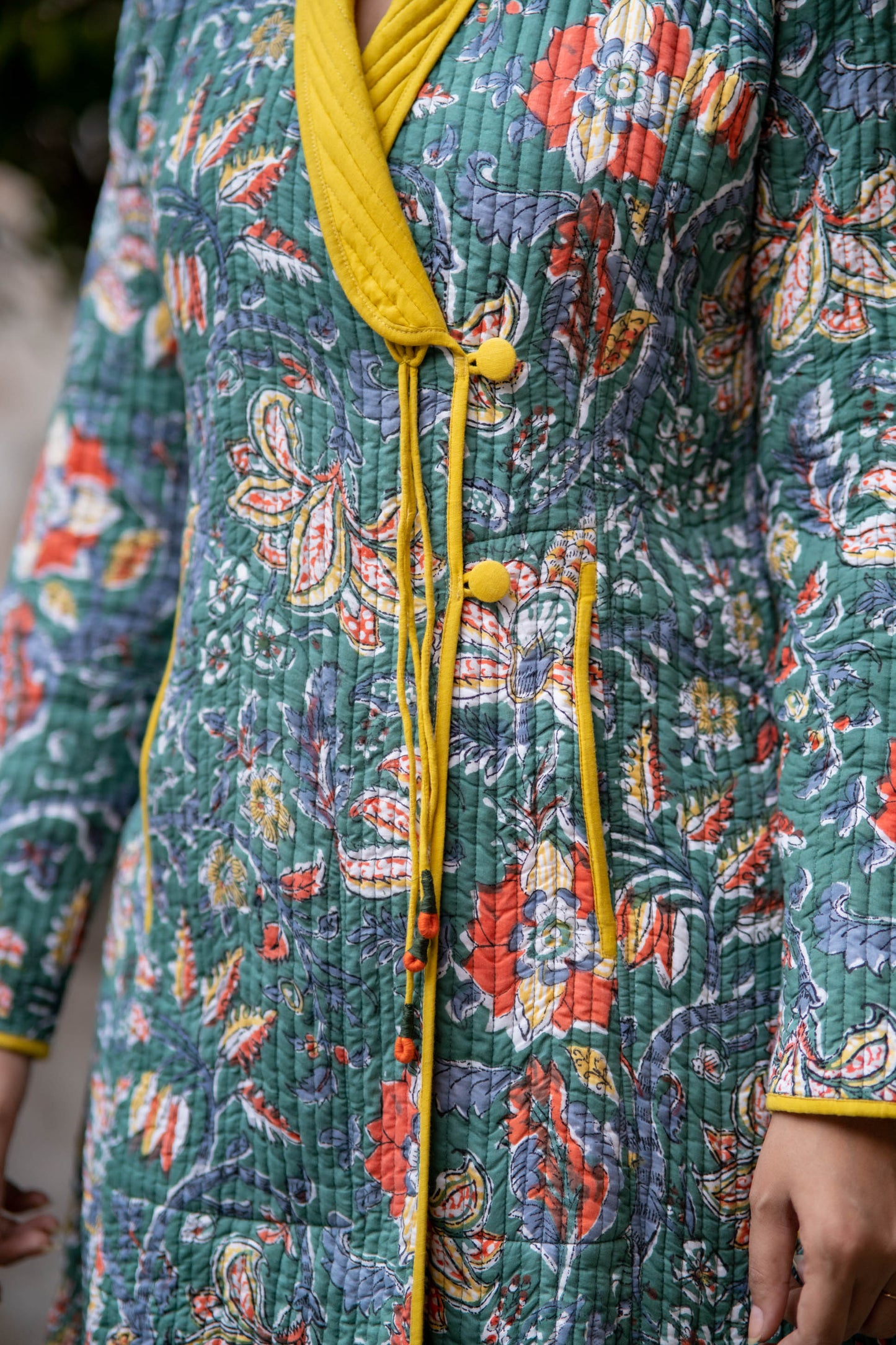 Green Block Printed Bukhara Coat-NVQJ561