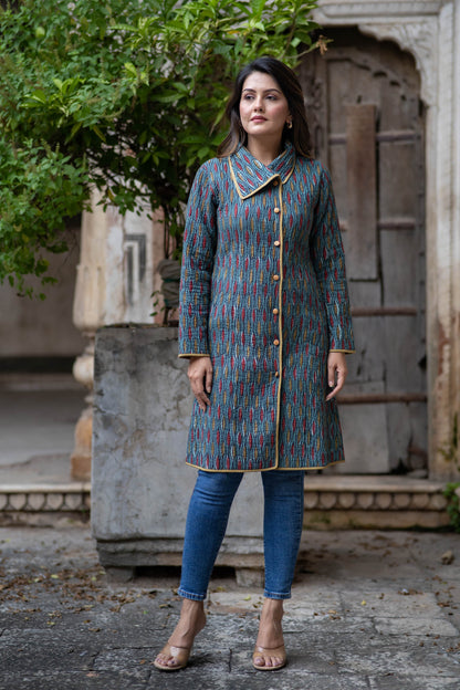 Blue Ajrakh Cotton Quilted  Bukhara Coat-NVQJ556