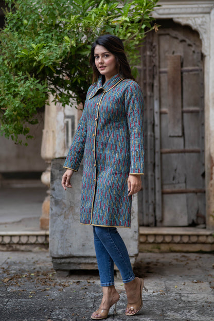 Blue Ajrakh Cotton Quilted  Bukhara Coat-NVQJ556