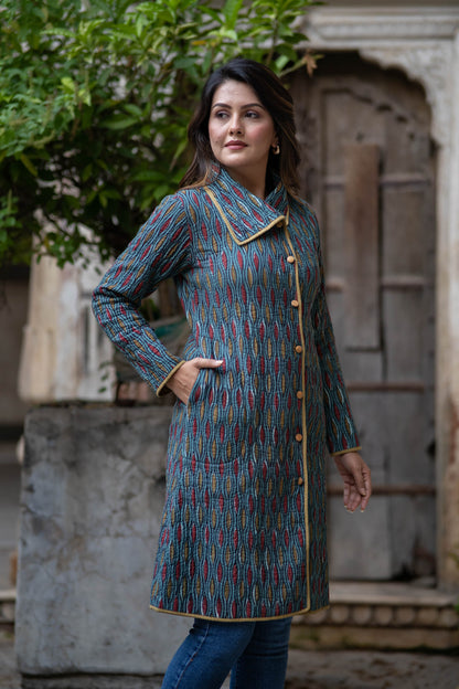 Blue Ajrakh Cotton Quilted  Bukhara Coat-NVQJ556