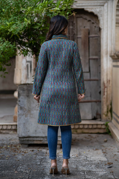 Blue Ajrakh Cotton Quilted  Bukhara Coat-NVQJ556