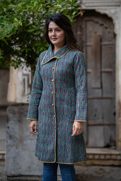 Blue Ajrakh Cotton Quilted  Bukhara Coat-NVQJ556