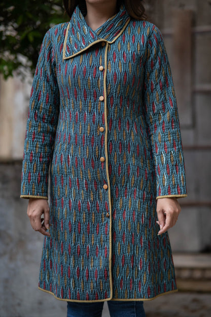 Blue Ajrakh Cotton Quilted  Bukhara Coat-NVQJ556