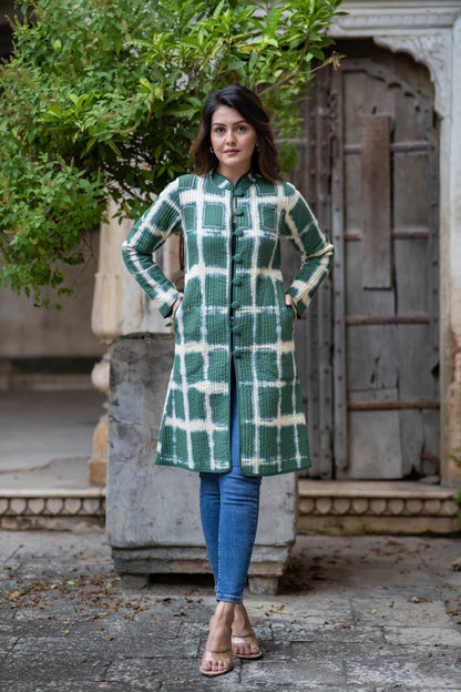 Green Shibori Reversible Quilted Coat-NVQJ548